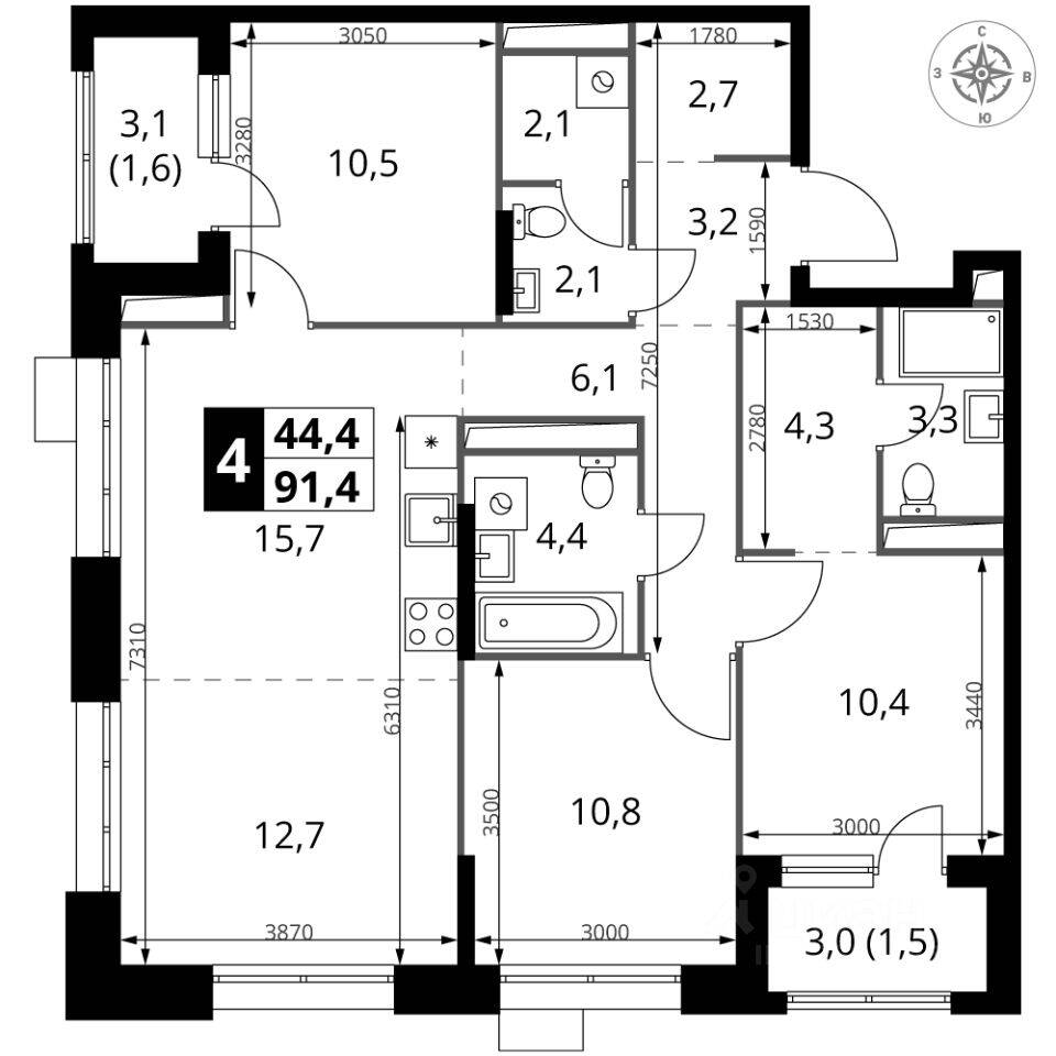 4-комн. квартира, 91,4 м², в ЖК 1-й Саларьевский