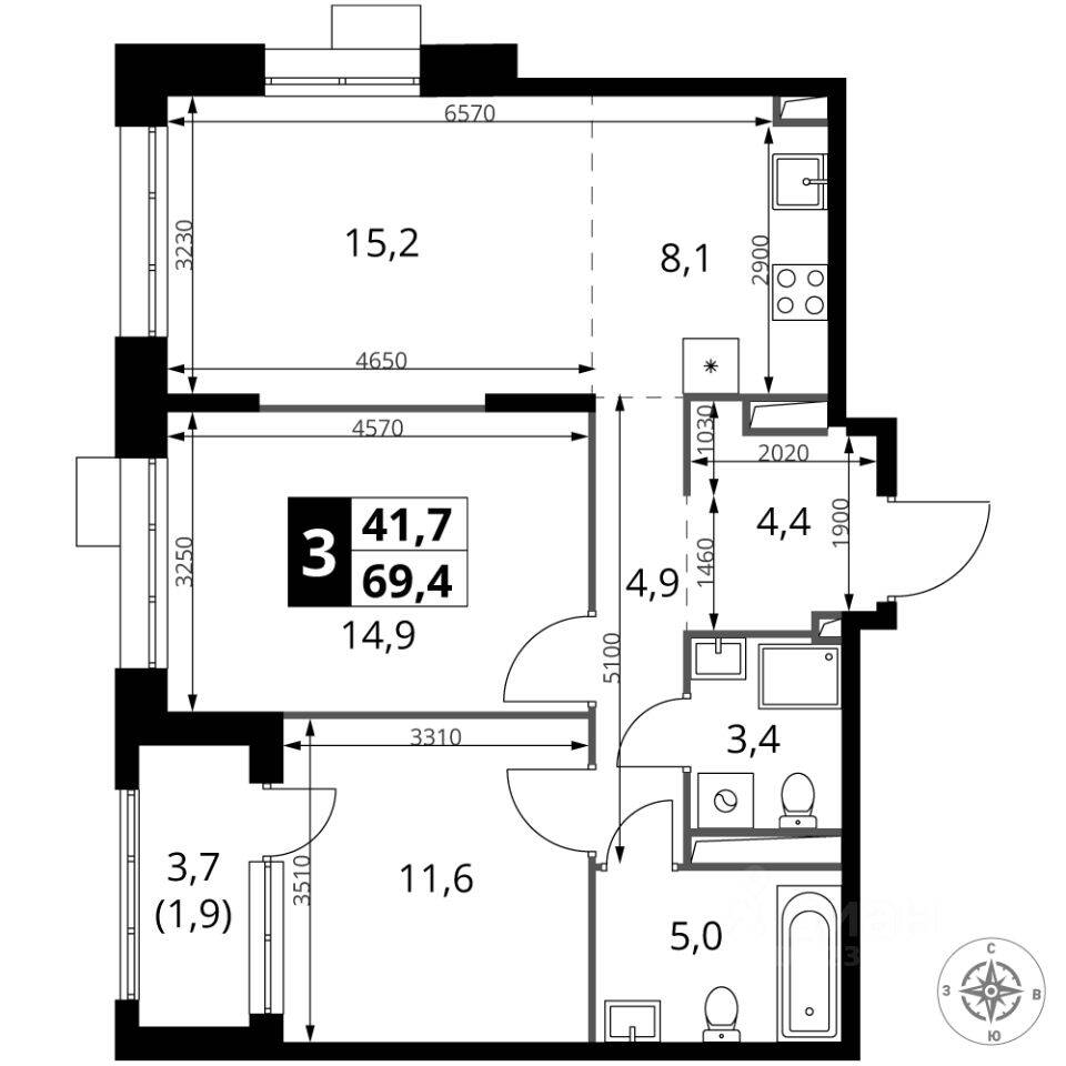 3-комн. квартира, 69,4 м², в ЖК 1-й Саларьевский