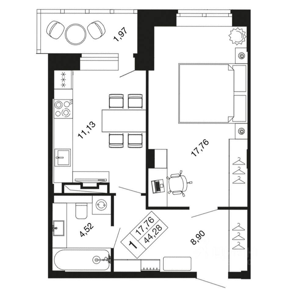 1-комн. квартира, 44,2 м², в ЖК «Времена года»