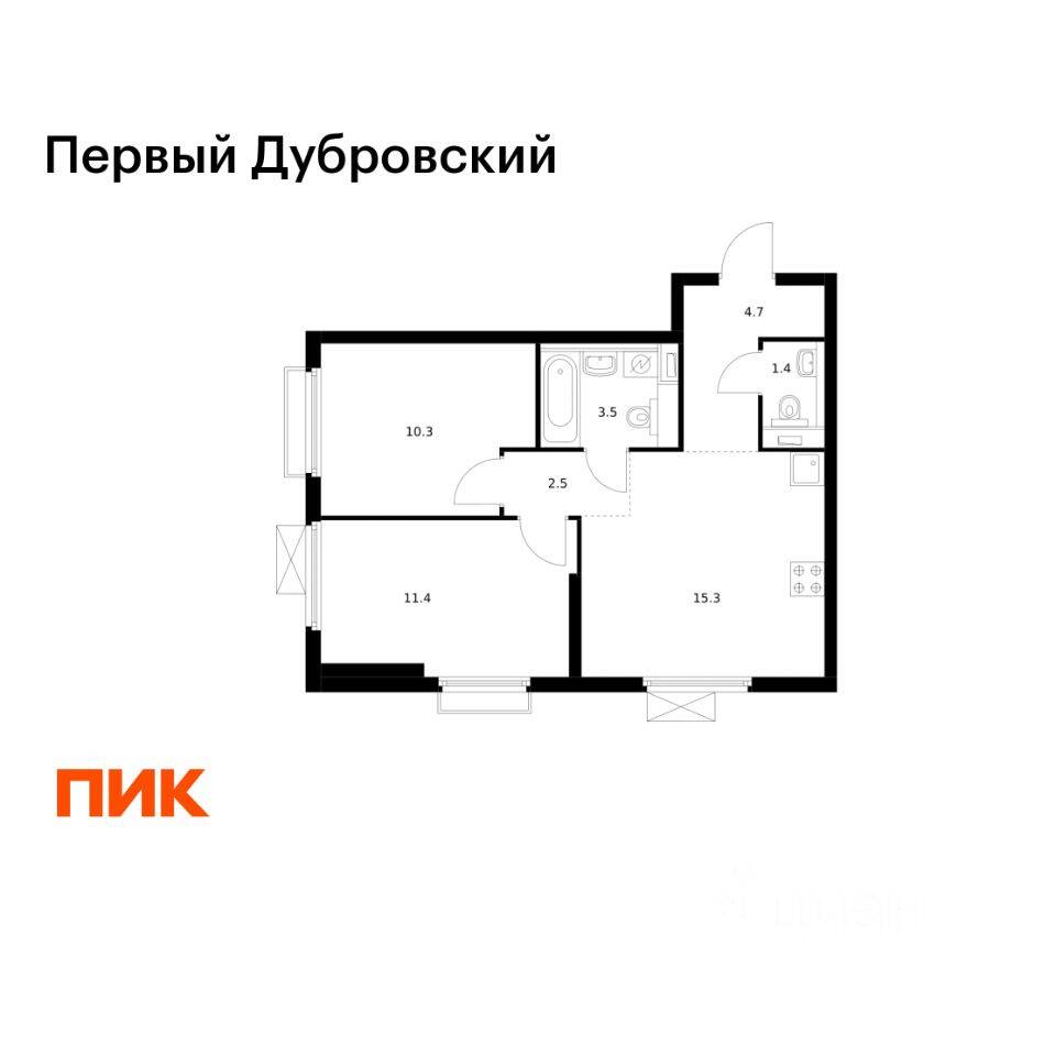 2-комн. квартира, 49,1 м², в ЖК Первый Дубровский