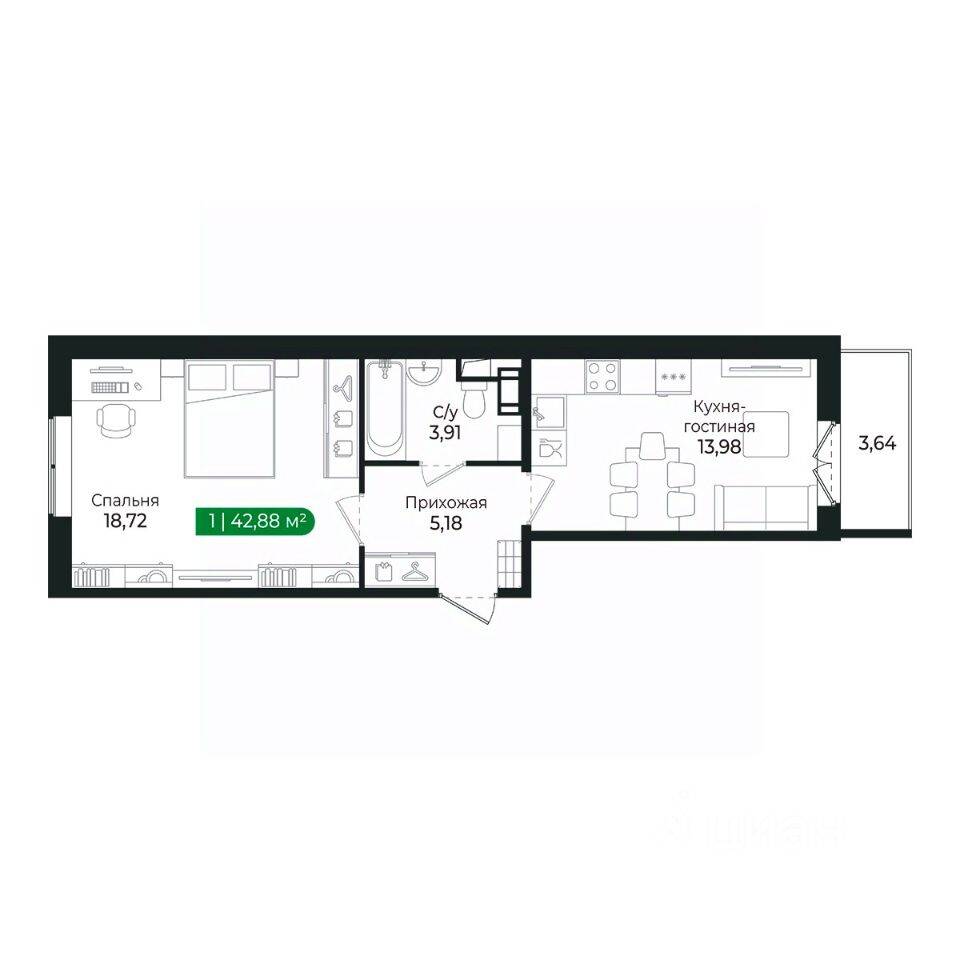 1-комн. квартира, 41,5 м², в ЖК Sertolovo Park