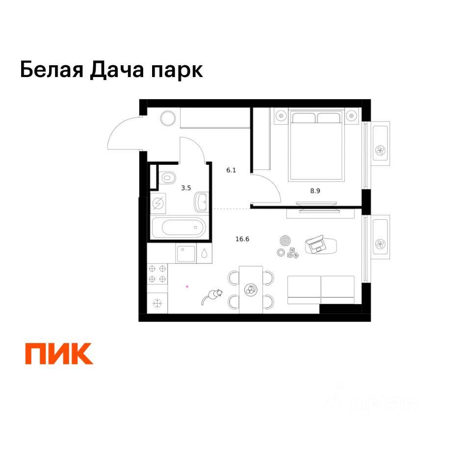 1-комн. квартира, 35,1 м², в ЖК «Белая Дача парк»