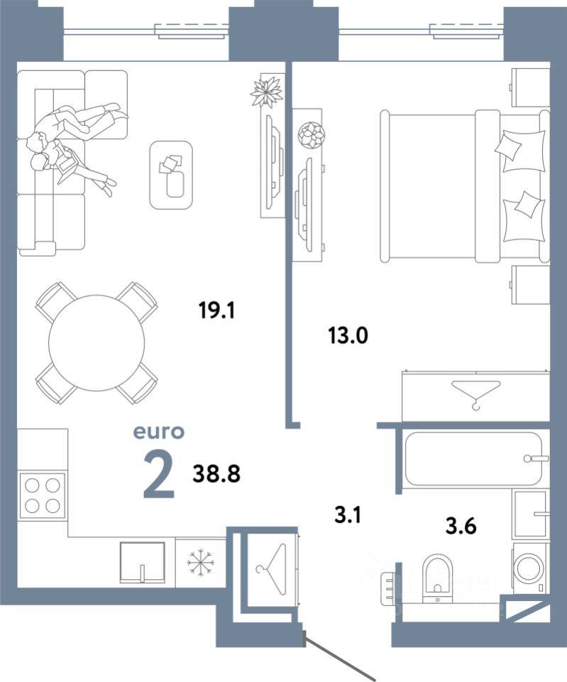 2-комн. квартира, 38,8 м², в ЖК Страна.Заречная
