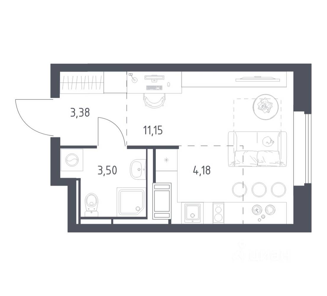 Планировка 1 комнатной квартиры, 22.21 м², в «Большое Путилково»