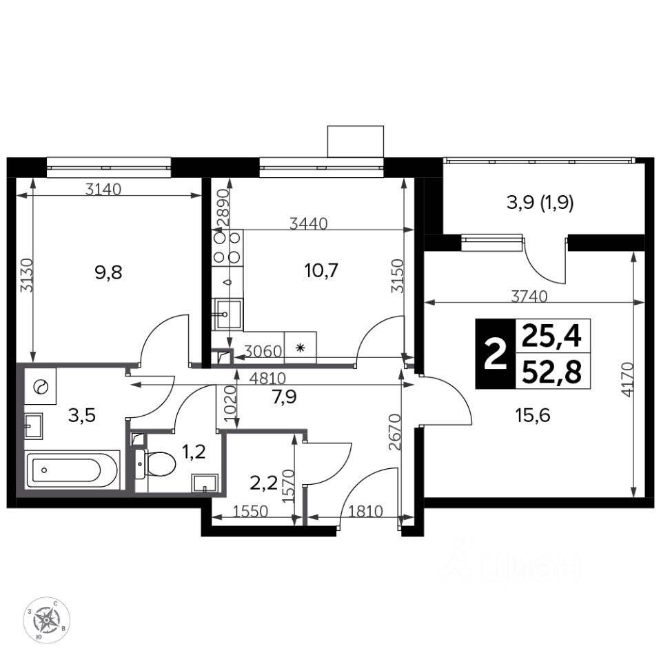 2-комн. квартира, 53,8 м², в ЖК «Южная Битца»