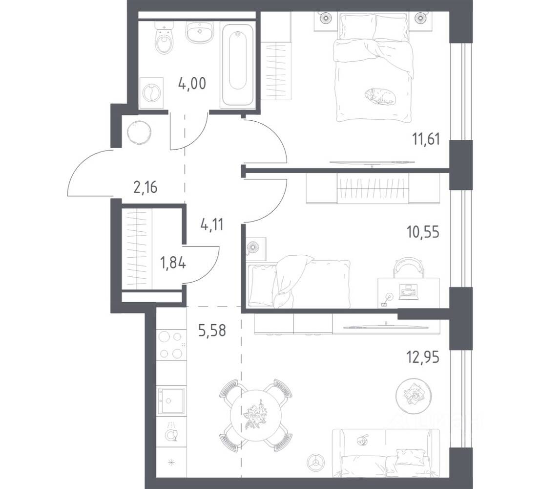 2-комн. квартира, 52,8 м², в ЖК Квартал Авиаторов
