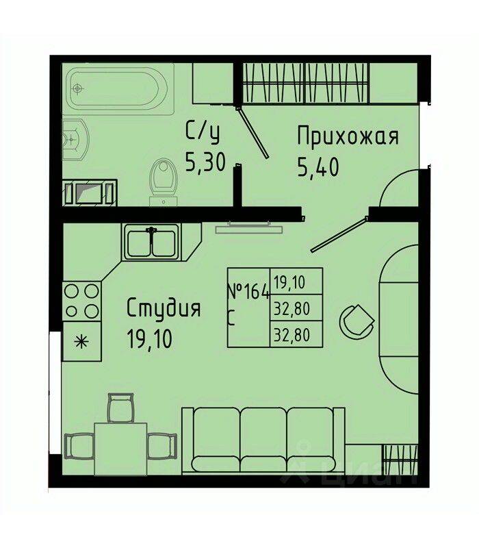Планировка 1 комнатной квартиры, 29.8 м², в «Pixel»