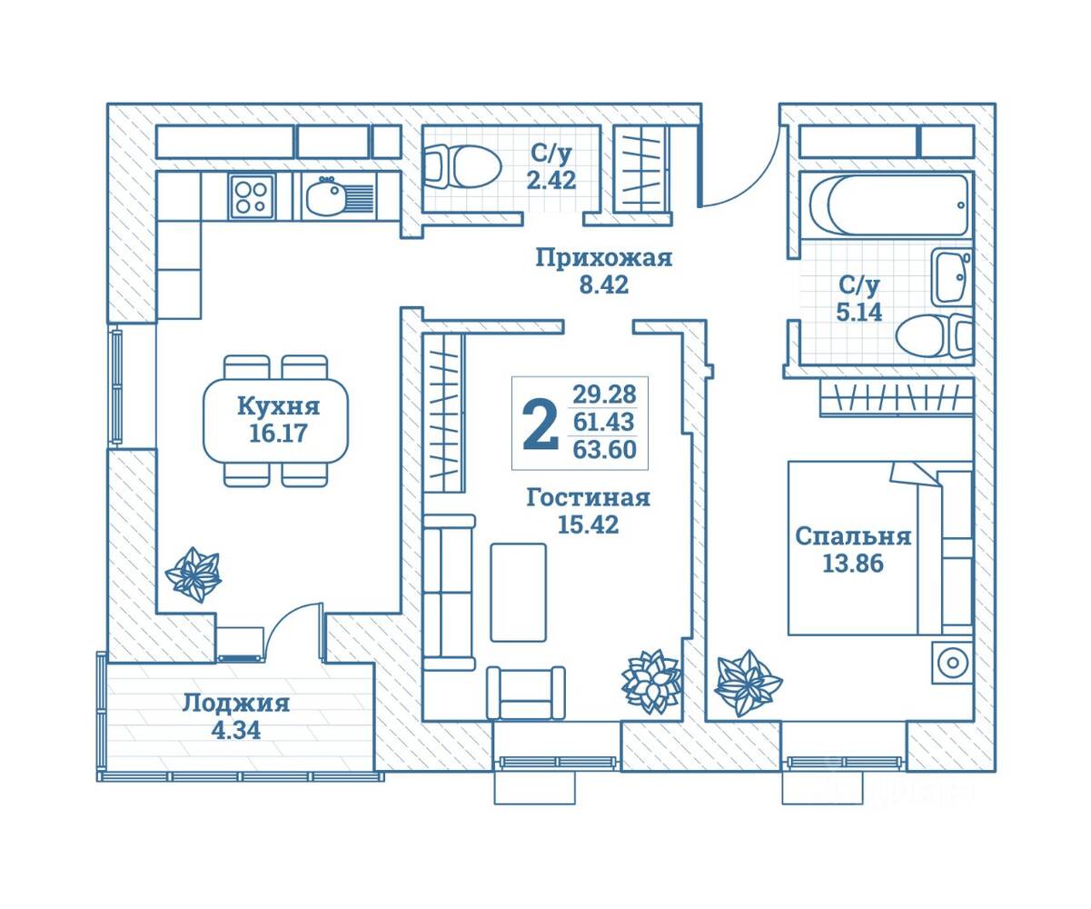 2-комн. квартира, 63,6 м², в ЖК Новоград Монино