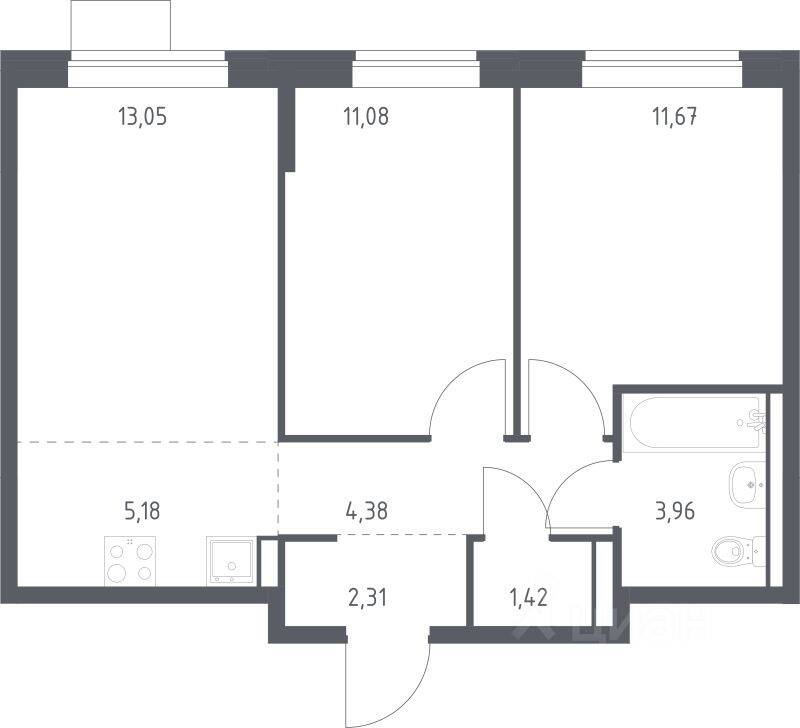 2-комн. квартира, 53,05 м², в ЖК Молжаниново