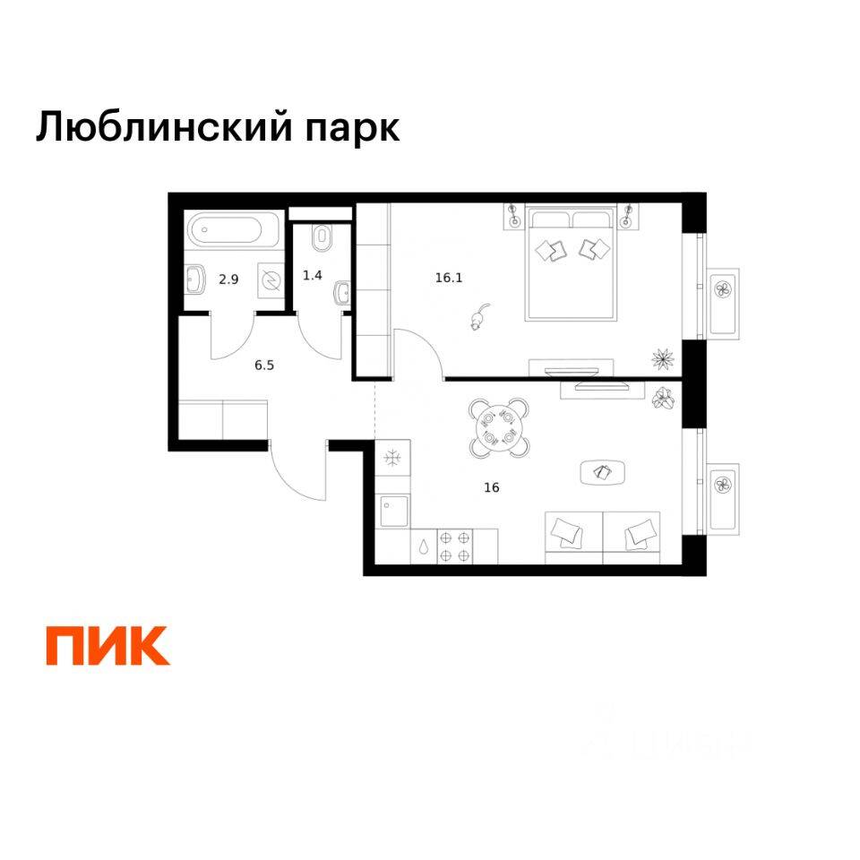 1-комн. квартира, 42,9 м², в ЖК «Люблинский парк»