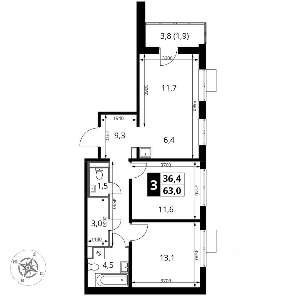 3-комн. квартира, 63 м², в ЖК 1-й Донской