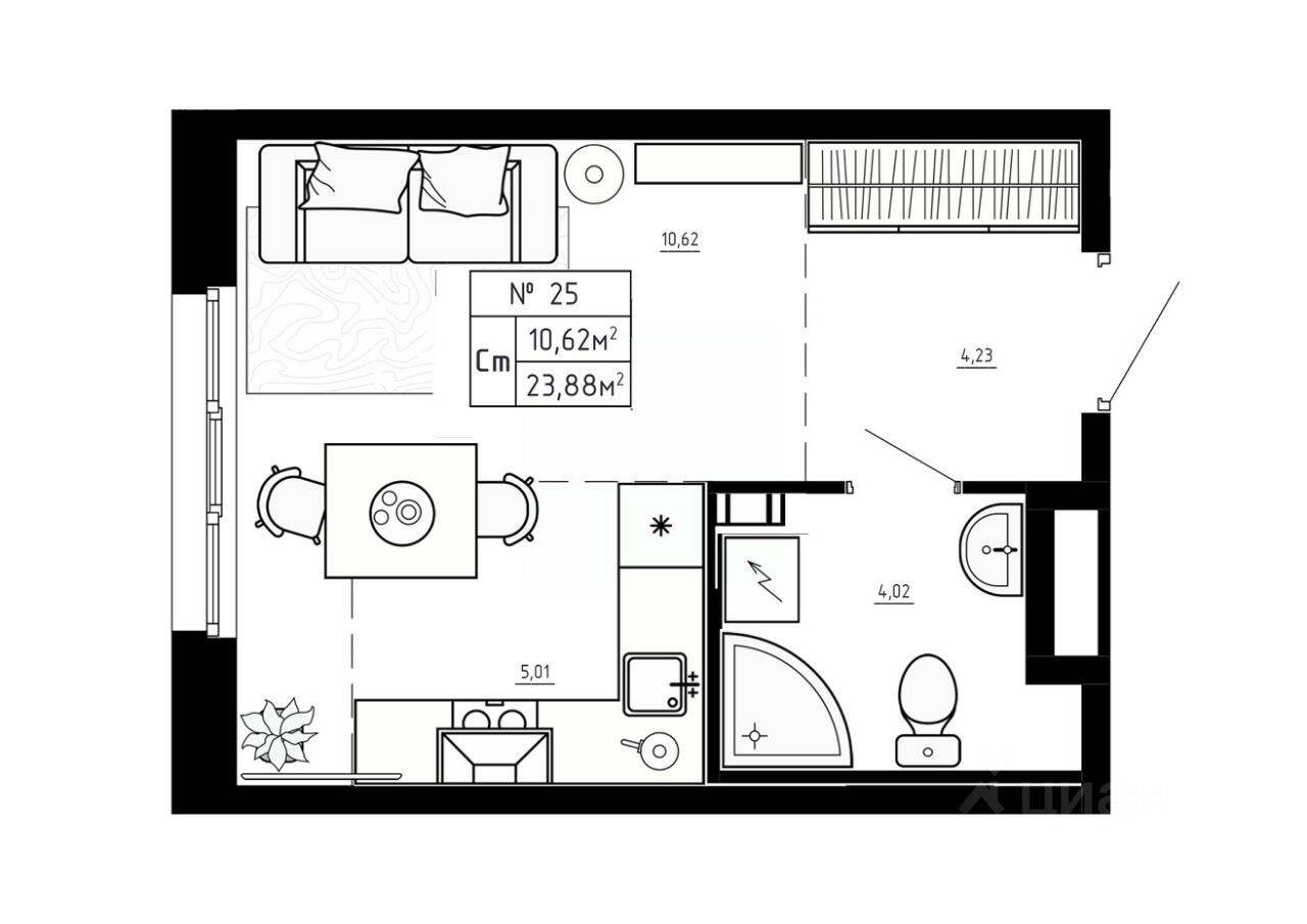 Планировка 1 комнатной квартиры, 23.88 м², в «Аннино Сити»