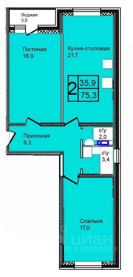3-комн. квартира, 75,3 м², в ЖК «Троицкий»