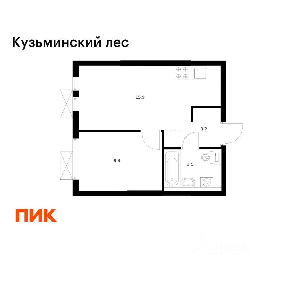 Планировка 1 комнатной квартиры, 31.9 м², в «Кузьминский лес»