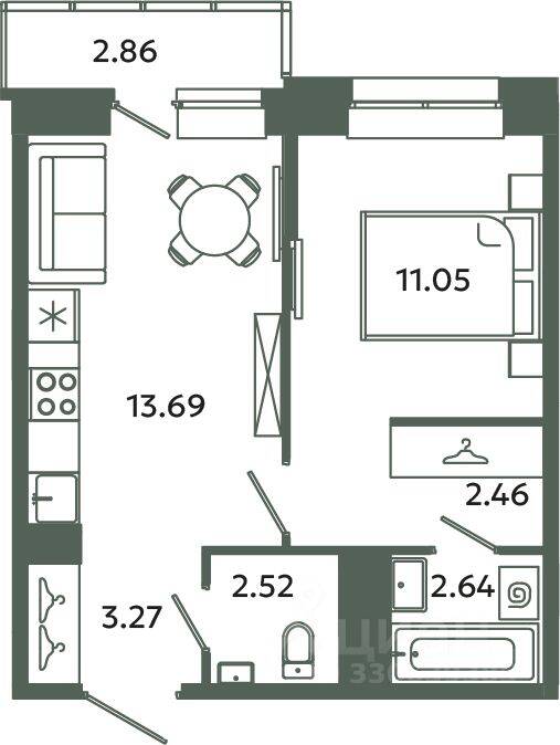 1-комн. квартира, 35,63 м², в ЖК Загляденье