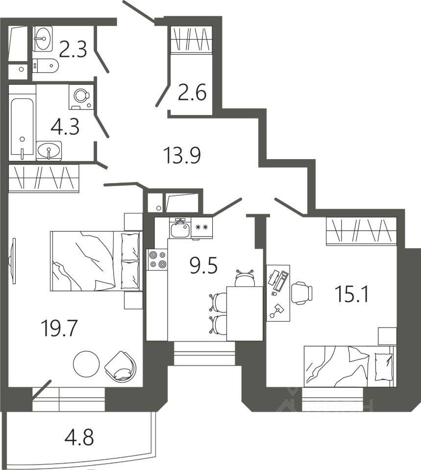 2-комн. квартира, 68,8 м², в ЖК «Советская 18»