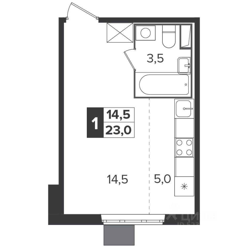 Квартира-студия, 22,9 м², в ЖК «Южная Битца»