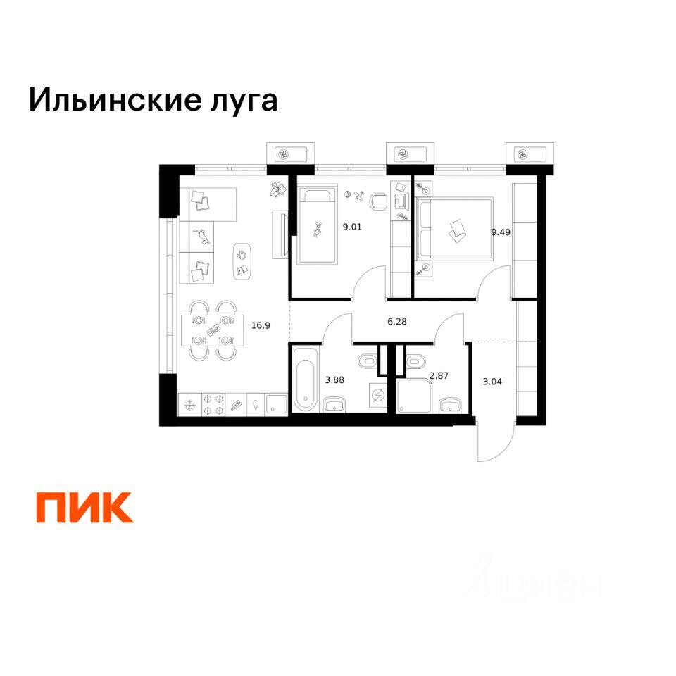 2-комн. квартира, 51,47 м², в ЖК «Ильинские луга»