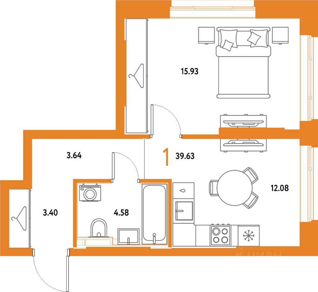 1-комн. квартира, 39,63 м², в ЖК Страна.Парковая