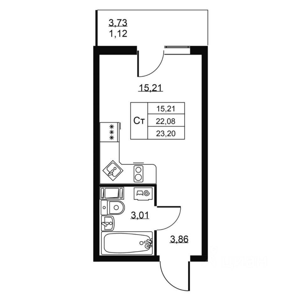 Квартира-студия, 23,2 м², в ЖК Перспектива