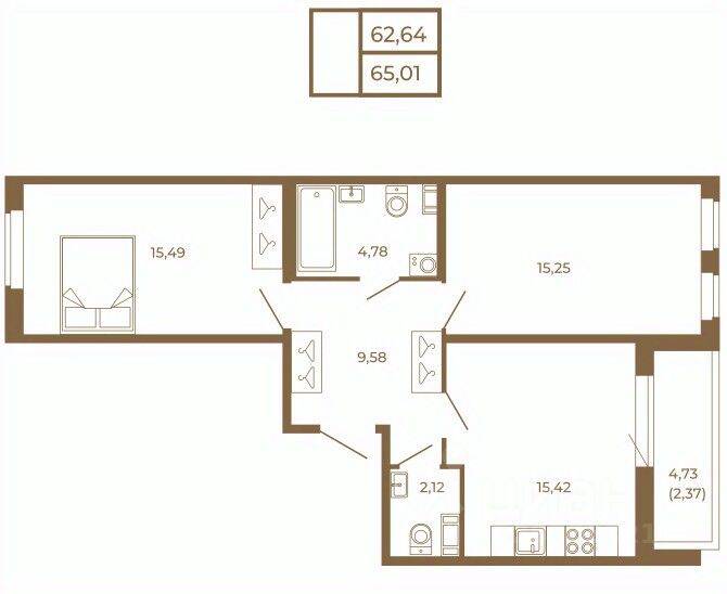 2-комн. квартира, 65,01 м², в Малоэтажный ЖК Новая история