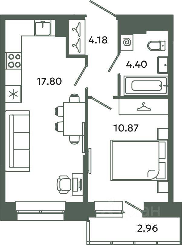 1-комн. квартира, 37,25 м², в ЖК Загляденье