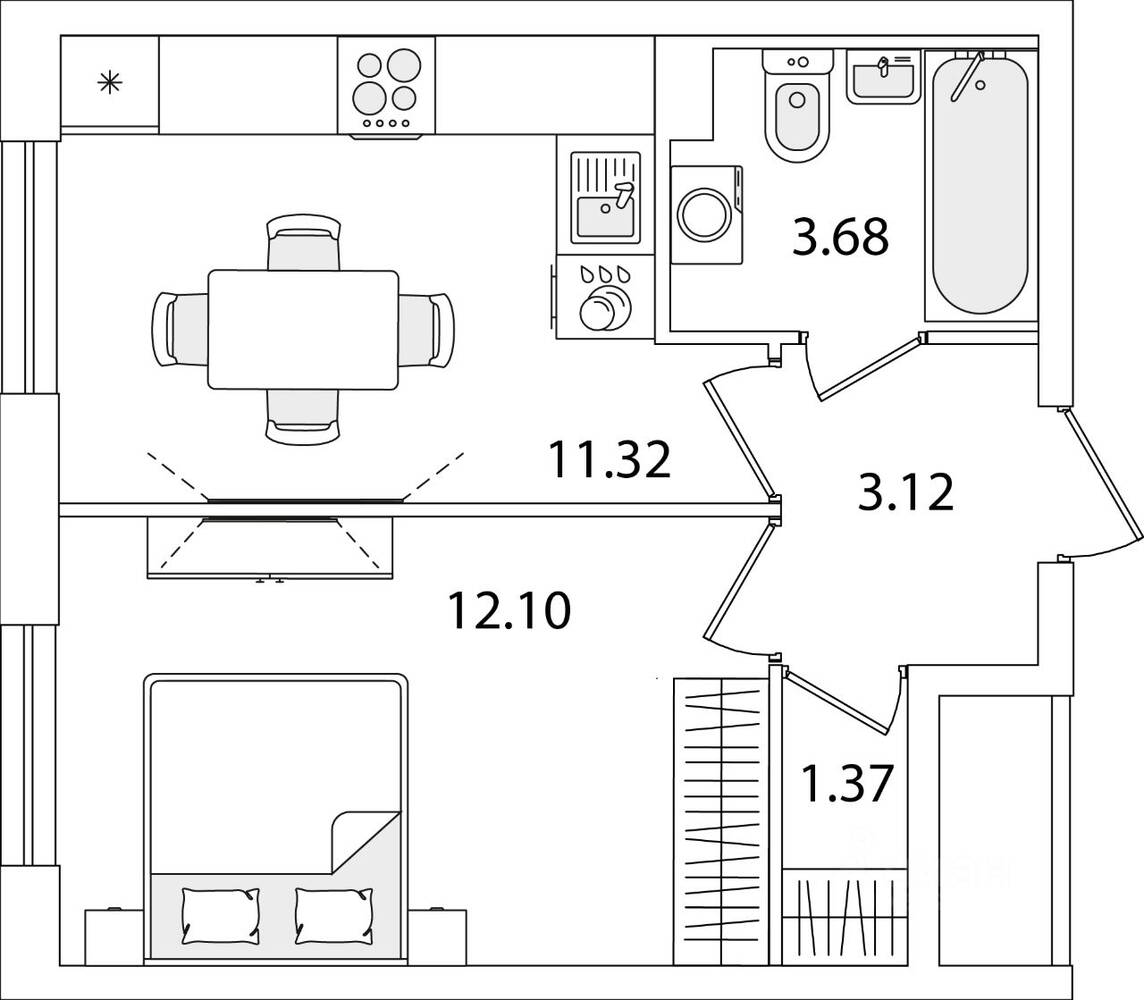 1-комн. квартира, 31,59 м², в ЖК Кинопарк