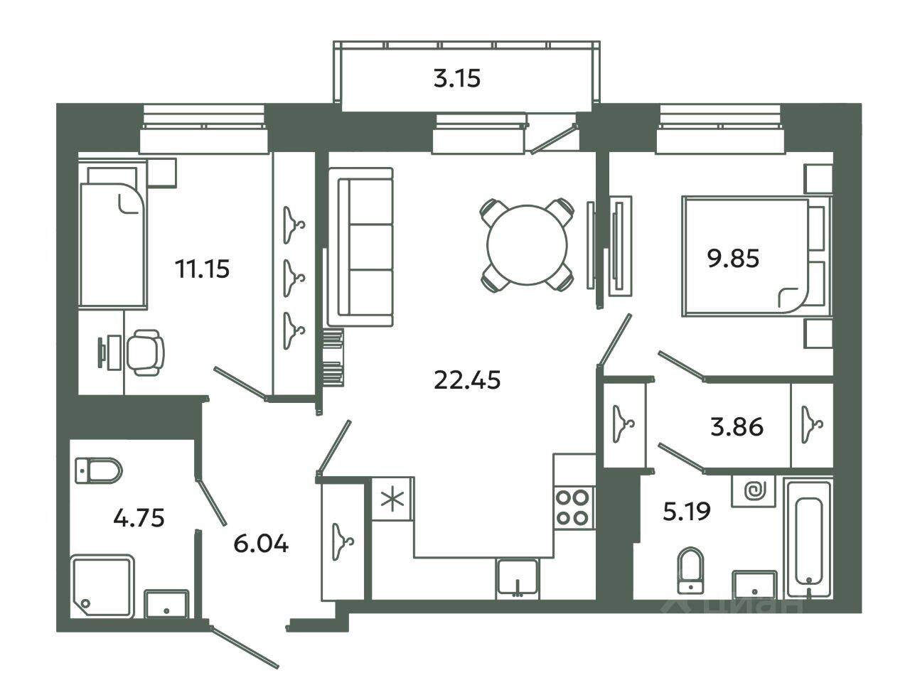 2-комн. квартира, 63,29 м², в ЖК Загляденье