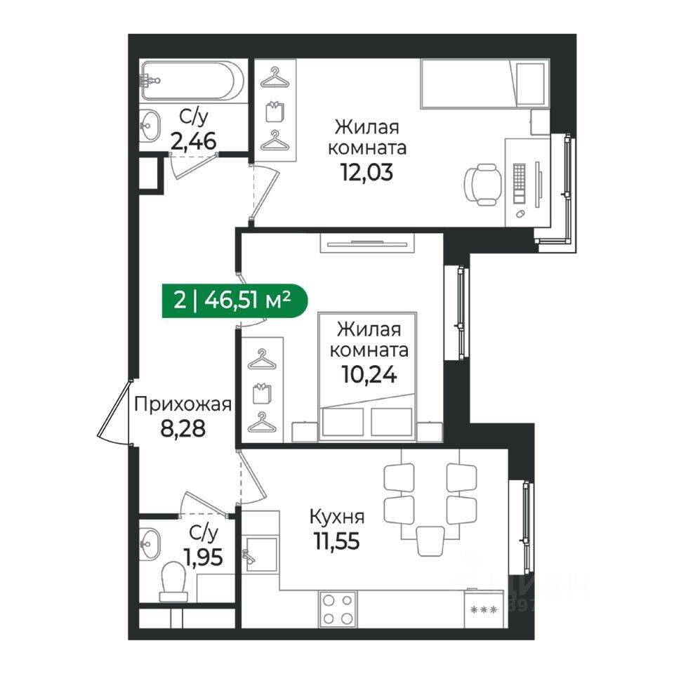 2-комн. квартира, 46,51 м², в ЖК Sertolovo Park