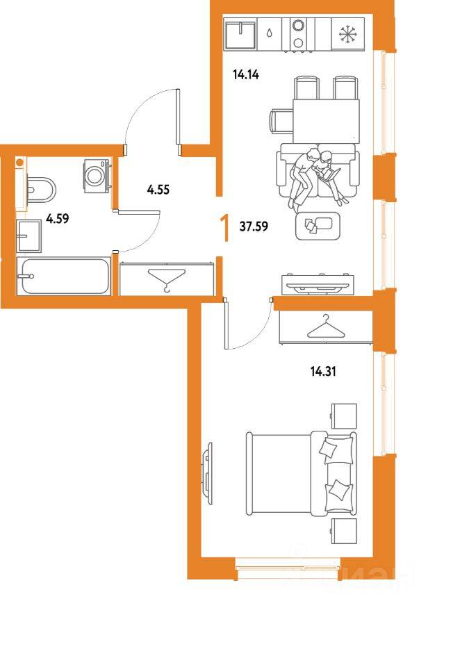 1-комн. квартира, 37,59 м², в ЖК Страна.Парковая