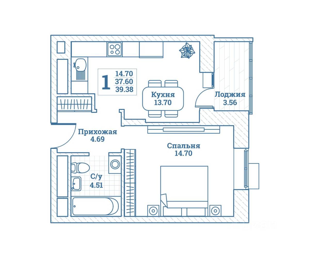 1-комн. квартира, 39,38 м², в ЖК Новоград Монино