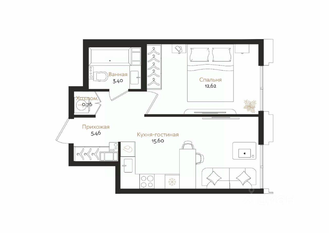 1-комн. квартира, 37,84 м², в ЖК ID Petrogradskaya