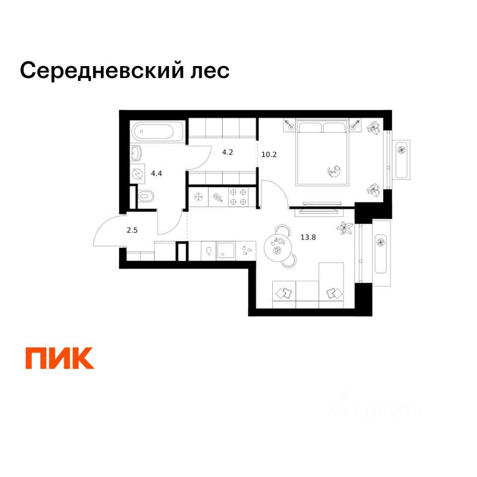 1-комн. квартира, 35,1 м², в ЖК Середневский лес