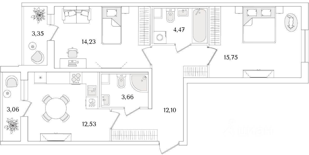 2-комн. квартира, 65,95 м², в ЖК Кинопарк