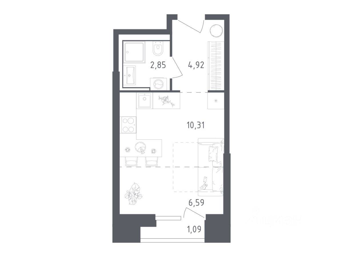 Квартира-студия, 25,76 м², в Апарт-комплекс Sky Sputnik