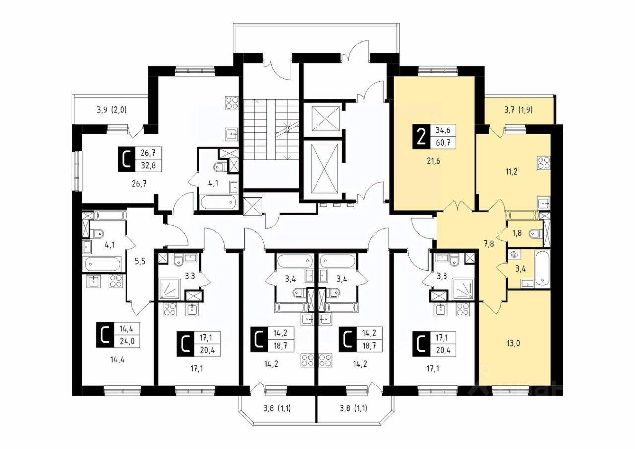 2-комн. квартира, 60,7 м², в ЖК Школьный (Климовск)