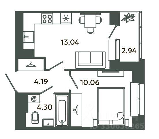 1-комн. квартира, 31,59 м², в ЖК Загляденье