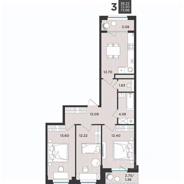 3-комн. квартира, 73,88 м², в Малоэтажный ЖК Новокасимово