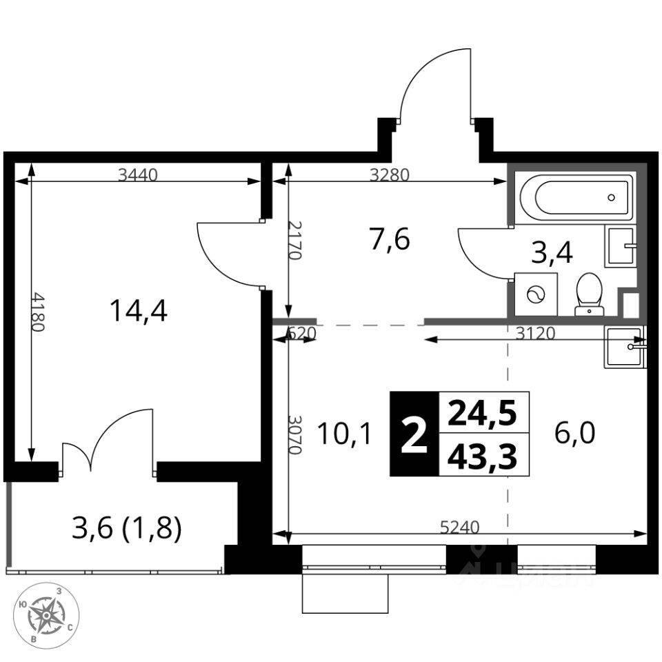 2-комн. квартира, 43,3 м², в ЖК 1-й Саларьевский