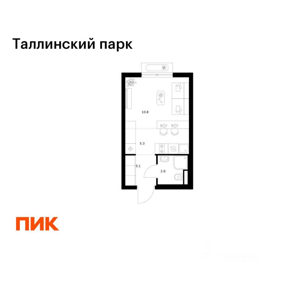 Квартира-студия, 21,8 м², в ЖК Таллинский парк