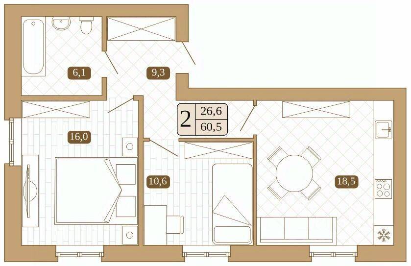 Планировка 2 комнатной квартиры, 59.6 м², в «Белый город (Сергиев Посад)»