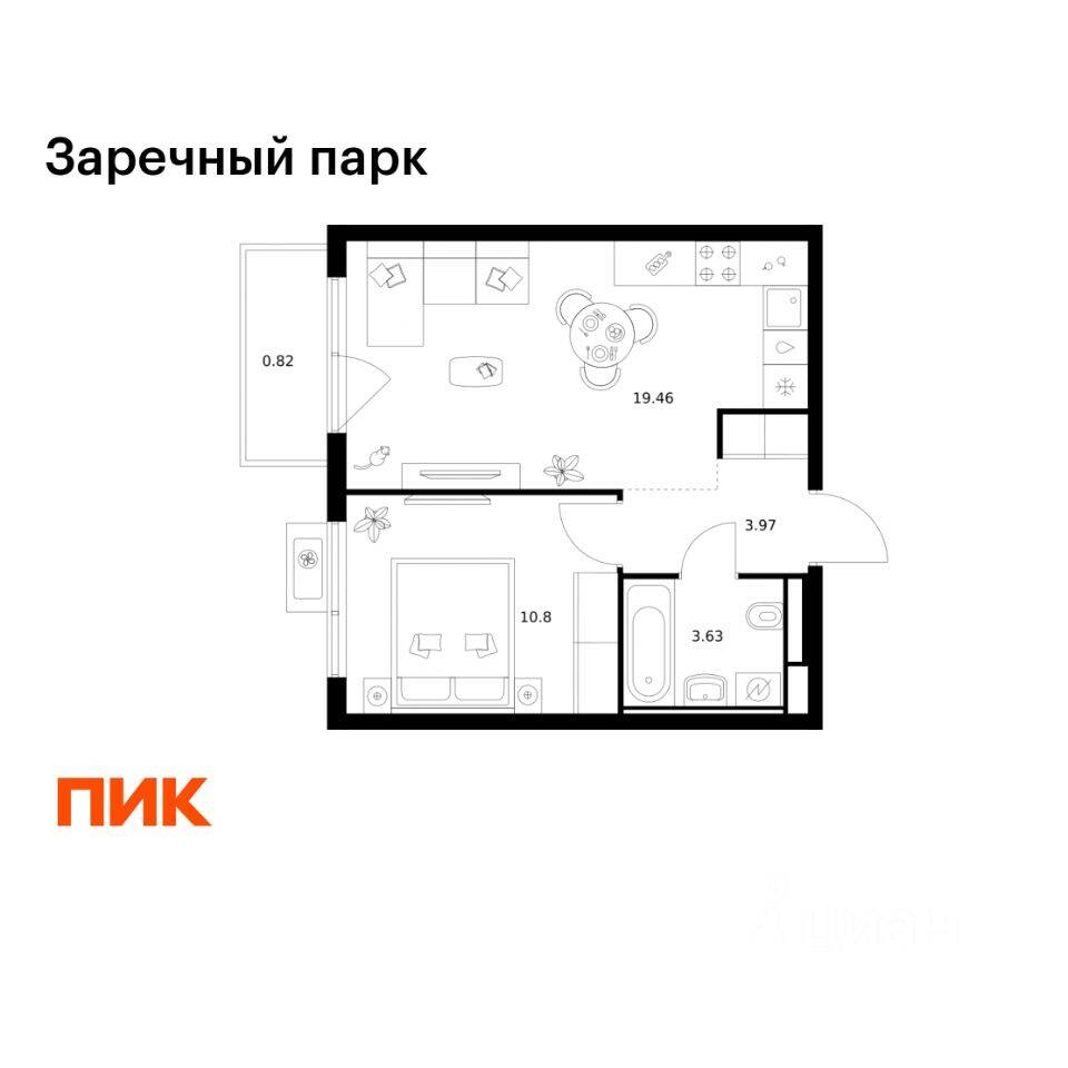 1-комн. квартира, 38,68 м², в ЖК Заречный парк