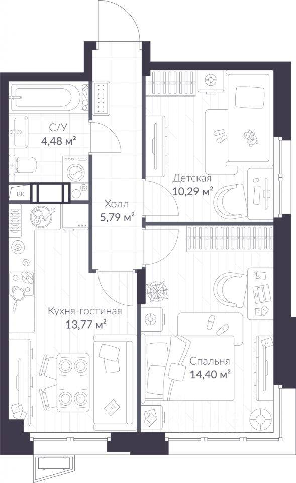 2-комн. квартира, 48,73 м², в ЖК ВЕРЕН НОРТ Сертолово