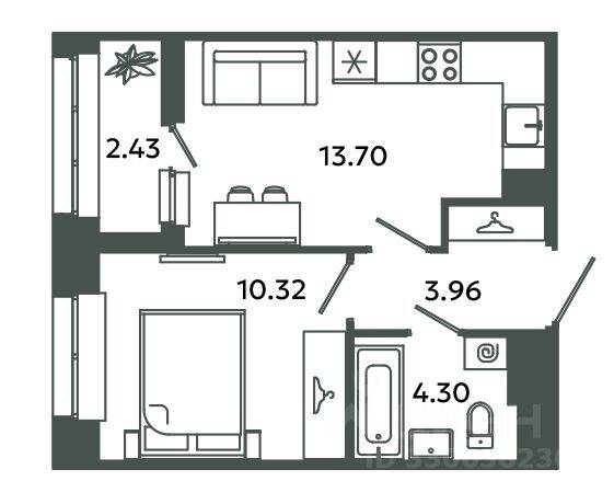 1-комн. квартира, 32,28 м², в ЖК Загляденье
