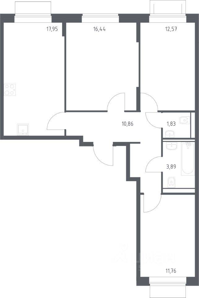 Планировка 3 комнатной квартиры, 75.3 м², в «Квартал Домашний»