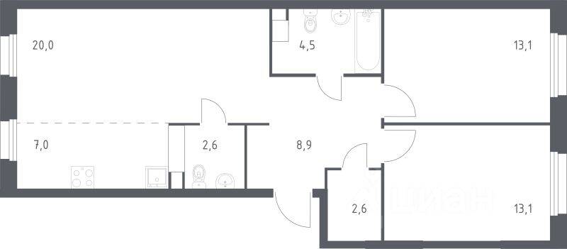 2-комн. квартира, 69,5 м², в ЖК ЭкоБунино
