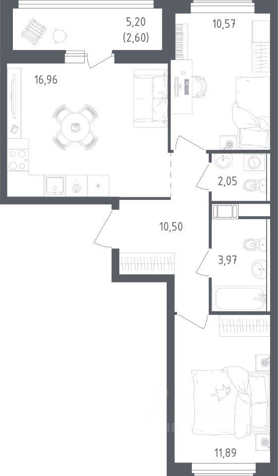 2-комн. квартира, 58,54 м², в ЖК Южная Нева