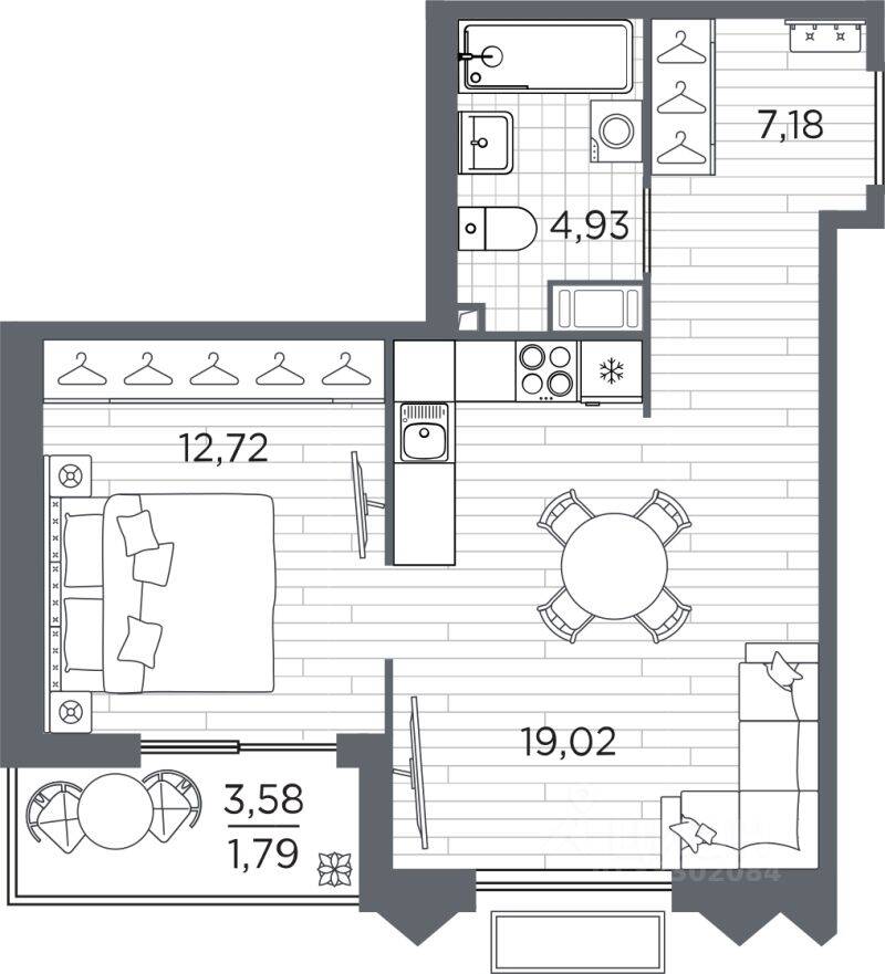 1-комн. квартира, 45,64 м², в ЖК Respect