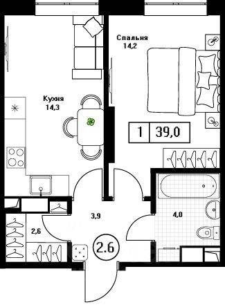 1-комн. квартира, 39 м², в ЖК Пушкино Град