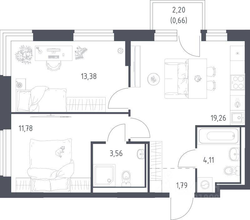 2-комн. квартира, 54,54 м², в ЖК Квартал Ивакино